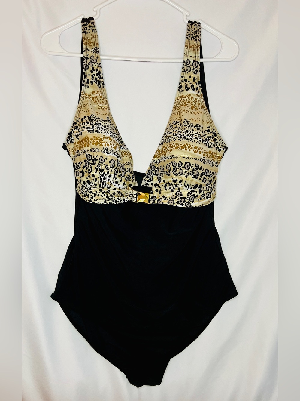 YBL Your Best Look One Piece Swimsuit Womens Size 16 Black Leopard Print Plunge